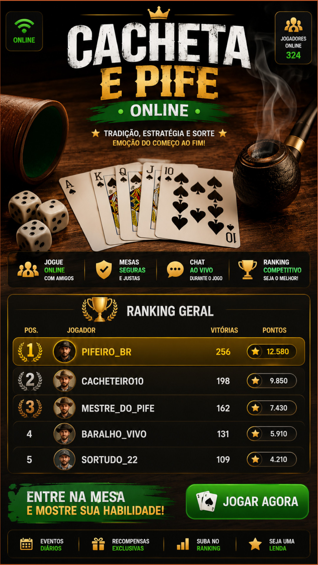 Banner do Cacheta XP mostrando uma partida de cacheta e pife online com ranking de jogadores